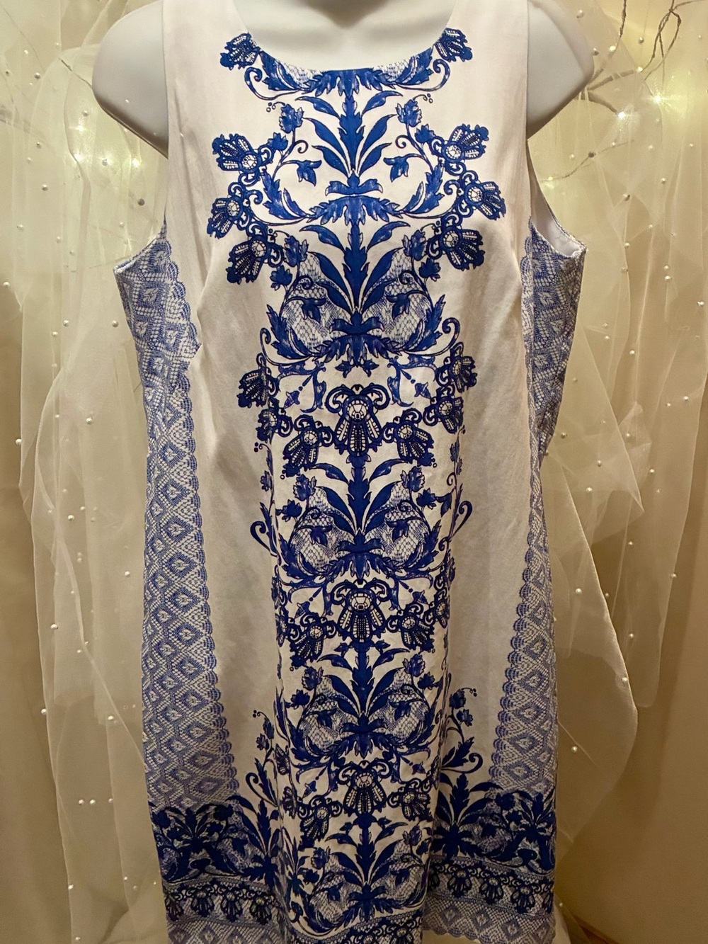 London Times White Midi Dress with Royal Blue Floral Print